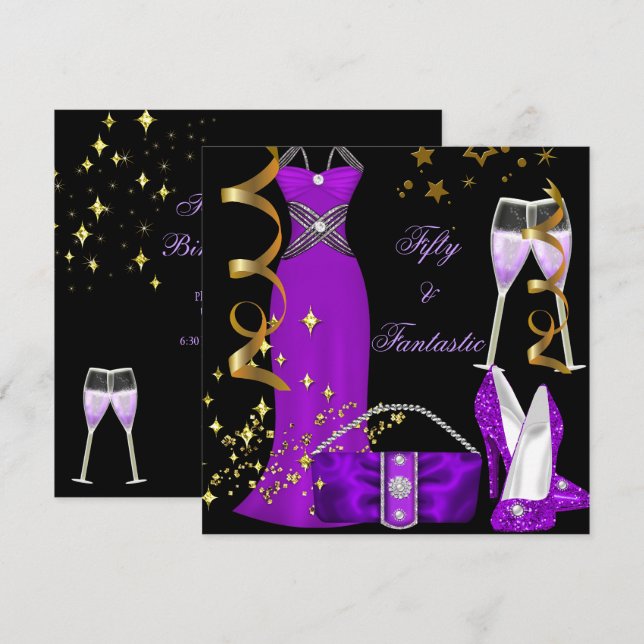 50  Fantastic Purple Dress Black Gold Birthday Invitation (Front/Back)