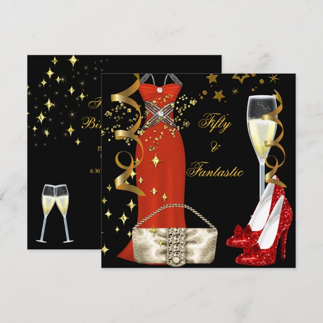 50 Fantastic Red Dress Black Gold Birthday Party Invitation (Front/Back)