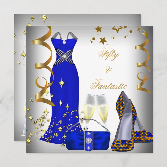 50 & Fantastic White Dress Blue Sequins Birthday Invitation (Front/Back)