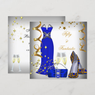 50 & Fantastic White Dress Blue Sequins Birthday Invitation