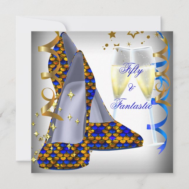 50 & Fantastic White Shoes Blue Sequins Birthday Invitation (Front)