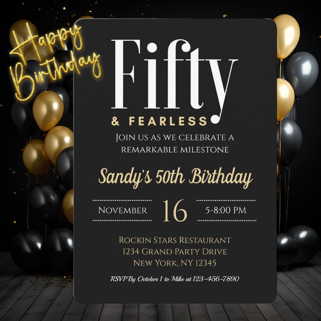 50 & Fearless Birthday Elegant Modern Black Custom Invitation (Creator Uploaded)