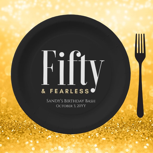 50 & Fearless Birthday Elegant Modern Black Custom Paper Plate (Creator Uploaded)