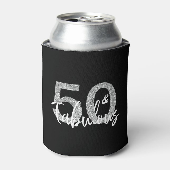 50 Fifty and Fabulous Birthday Silver  Glitter Can Cooler (Can Front)