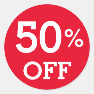 50% Fifty Percent OFF discount sale white and red Classic Round Sticker