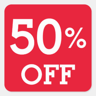 50% Fifty Percent OFF discount sale white and red  Square Sticker