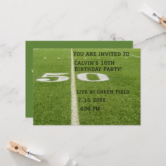 50 Green football field birthday party invitation  (Front/Back In Situ)