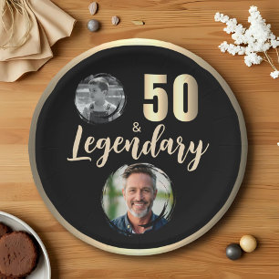 50 & Legendary 2 Photos 50th Birthday Gold Paper Plate