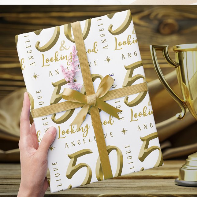 50 & Looking Good Gold Birthday Wrapping Paper (Creator Uploaded)