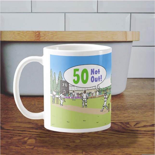 50 Not Out Cricket Theme. 50th Birthday Coffee Mug (50 Not Out Mug)