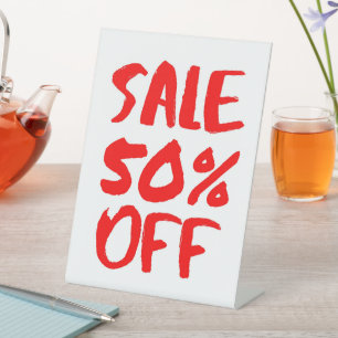 50% Off Retail Sale Sign, Tabletop Signage, Small Pedestal Sign