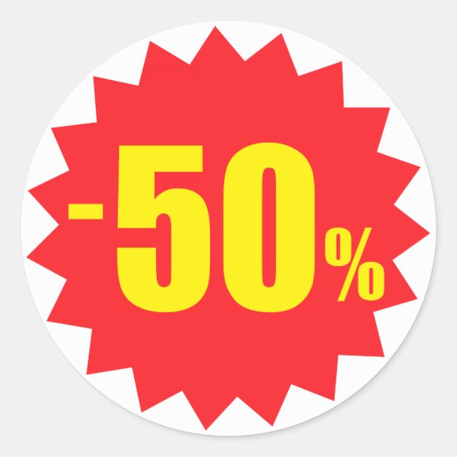 50 percent sale discount stickers, white and red classic round sticker (Front)