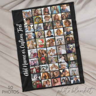 50 Photo Collage - Custom Text - Black and White Fleece Blanket