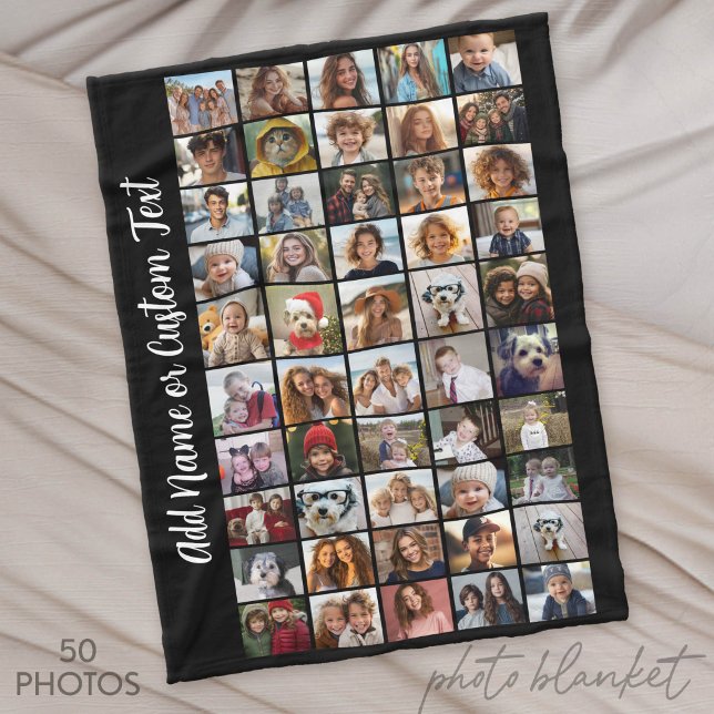 50 Photo Collage - Custom Text - Black and White Fleece Blanket (Custom Photo Blankets)