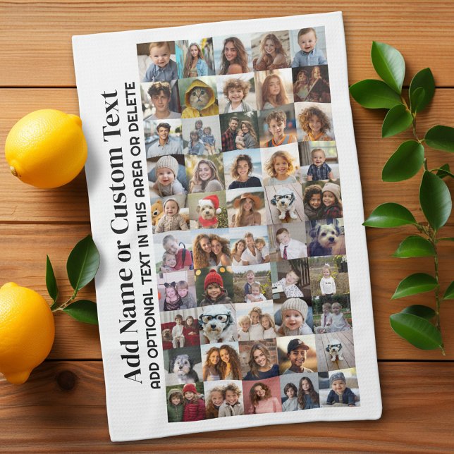 50 Photo Collage - Custom Text - Black and White Tea Towel (Custom Photo Collage Kitchen Towel)