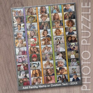 50 Photo Collage - Custom Text - Colourful Stripes Jigsaw Puzzle