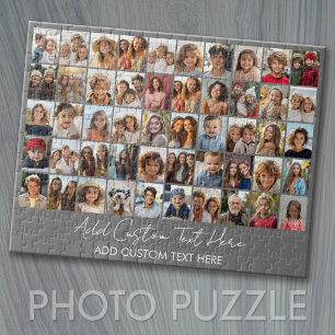 50 Photo Collage Grid - Script Text - grey Jigsaw Puzzle