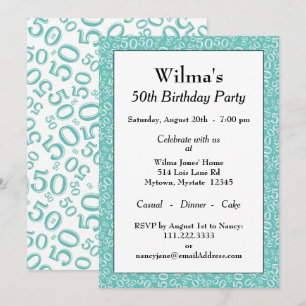 50 Random Number Pattern Teal/White 50th Invitation