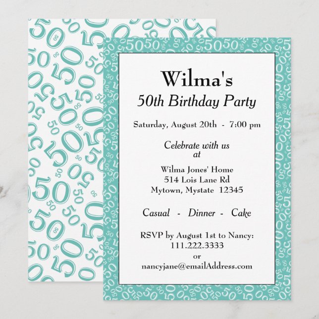 50 Random Number Pattern Teal/White 50th Invitation (Front/Back)