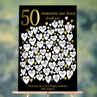 50 Reasons We Love You 50th Birthday Heart Acrylic Sign