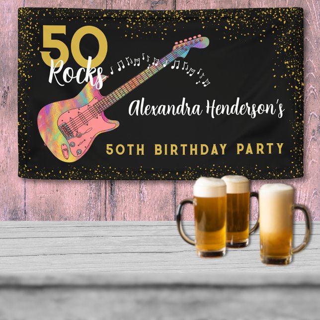 50 Rocks 50th Birthday Party Pink Black Gold Banner (50 Rocks cool pink black and gold glitter rock and roll custom 50th birthday banner)