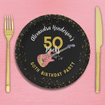 50 Rocks 50th Birthday Party Pink Black Gold Paper Plate<br><div class="desc">Cool rock and roll guitar 50 Rocks personalised pink black gold glitter 50th birthday party paper plates. Whether it’s for your rockstar wife, girlfriend, sister or friend this cool funky colourful electric guitar with pink pick guard illustration, musical notes and gold modern typography script celebrate them in rock n roll...</div>
