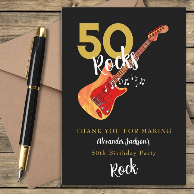 50 Rocks 50th Birthday Party Thank You (50 Rocks cool guitar 50th birthday party thank you card gold and black personalized )