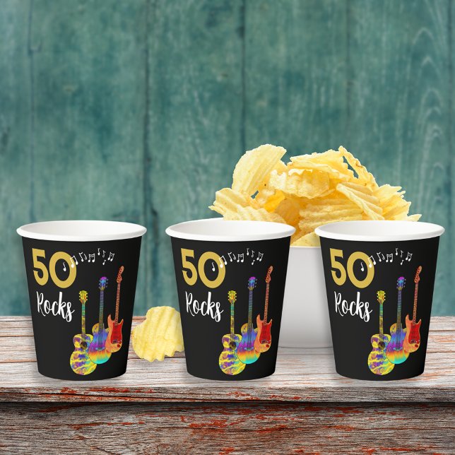 50 Rocks Birthday Party Funky Guitar Paper Cups (Rock and roll 50th birthday party paper cups funky guitars 50 rocks black and cool gold typography )