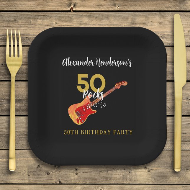50 Rocks Cool 50th Birthday Party Paper Plate (50 rocks cool rock and roll 50th birthday party black and gold paper plate personalized )
