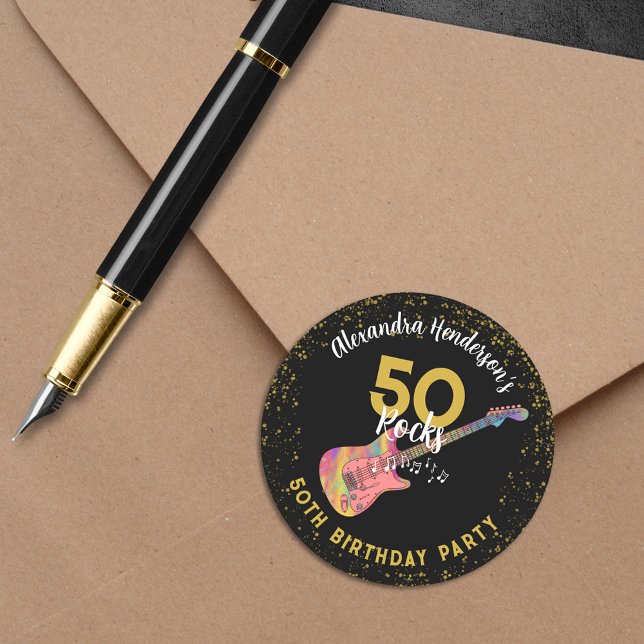 50 Rocks Cool Pink Black Gold 50th Birthday Party Classic Round Sticker (50 Rocks cool pink guitar black and gold glitter custom 50th birthday party sticker)