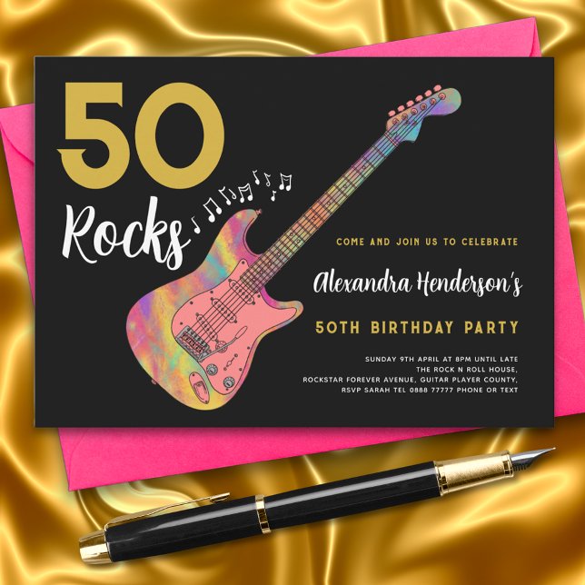 50 Rocks Cool Pink Guitar 50th Birthday Party Invitation (50 Rocks cool pink guitar black and gold rock and roll 50th birthday party invitation)