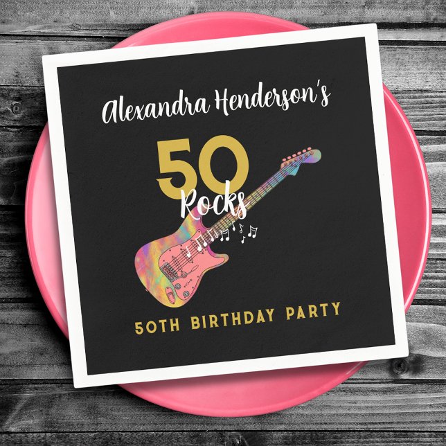 50 Rocks Cool Pink Guitar 50th Birthday Party Napkin (50 Rocks cool pink guitar black and gold custom 50th birthday party napkin)