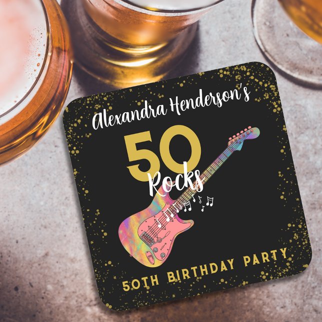50 Rocks Pink Black Gold 50th Birthday Party Square Paper Coaster (50 Rocks cool pink black and gold rock and roll 50th birthday party custom paper coaster)