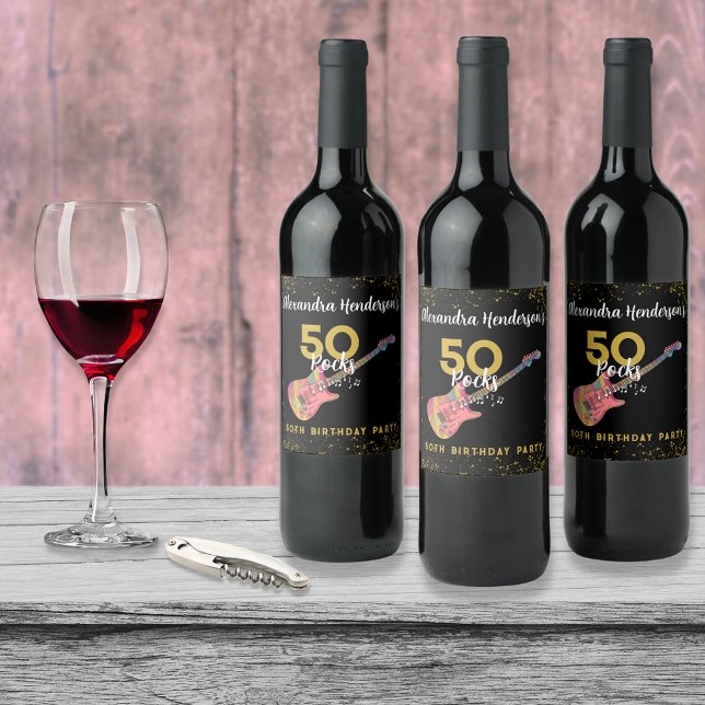 50 Rocks Pink Black Gold 50th Birthday Party Wine Label (50 Rocks pink black and gold glitter rock and roll 50th birthday party personalized wine labels)