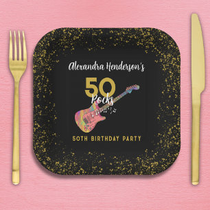 50 Rocks Pink Gold Black 50th Birthday Party Paper Plate