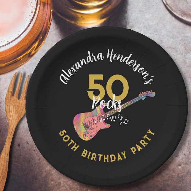 50 Rocks Pink Guitar 50th Birthday Party Paper Plate (50 rocks cool pink electric guitar black and gold custom 50th birthday paper plate)
