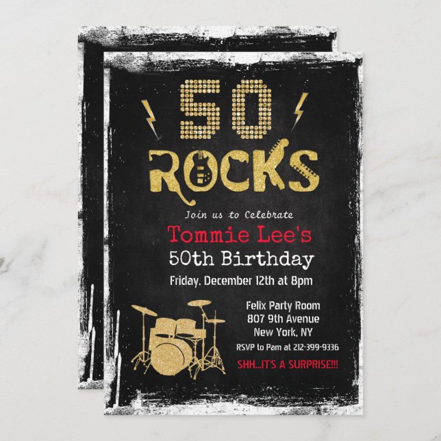 50 Rocks Rockstar Guitar 50th Birthday Invitation (Front/Back)