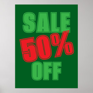 50% Sale Sign, Green and Red Christmas Sale Poster