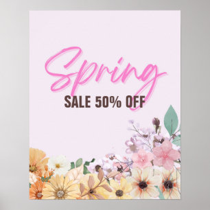 50% Sale Sign, Spring Sale Promotion, Pink Floral Poster