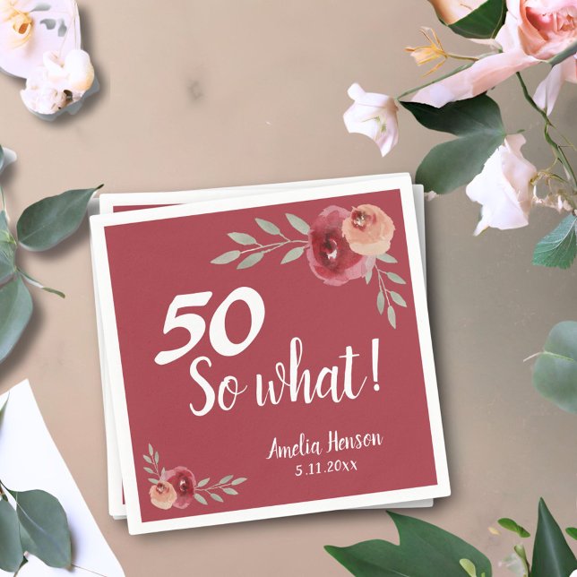 50 So what Red Watercolor Rose 50th Birthday Napkin (Creator Uploaded)