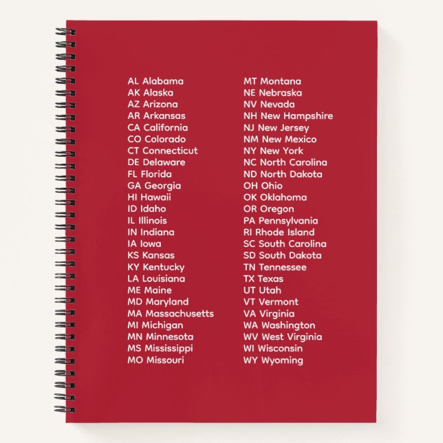 50 States Abbreviations List – Red Spiral Notebook (Front)