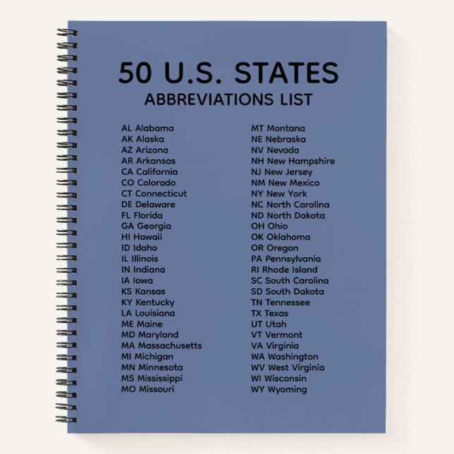 50 States Abbreviations List – Slate Blue Lined Notebook (Front)