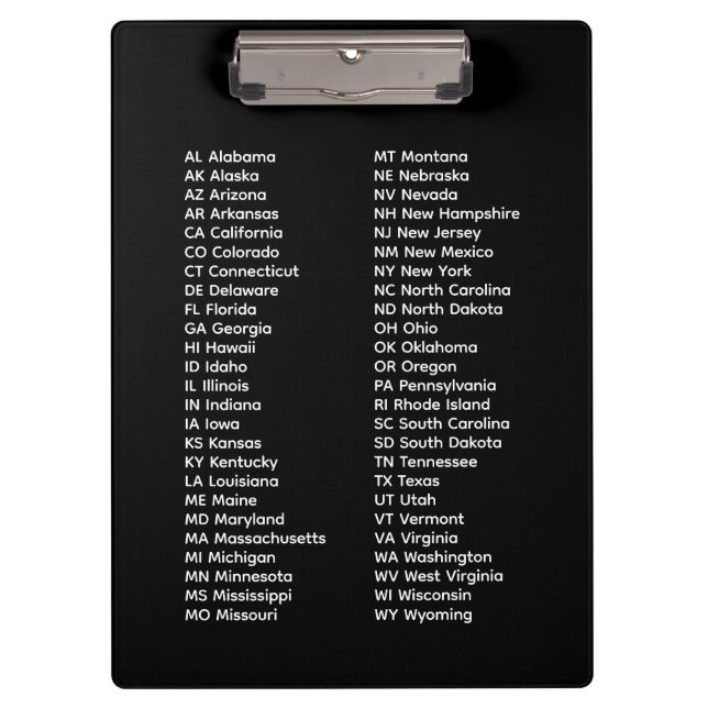 50 States Alphabetical Order – Black Clipboard (Front)