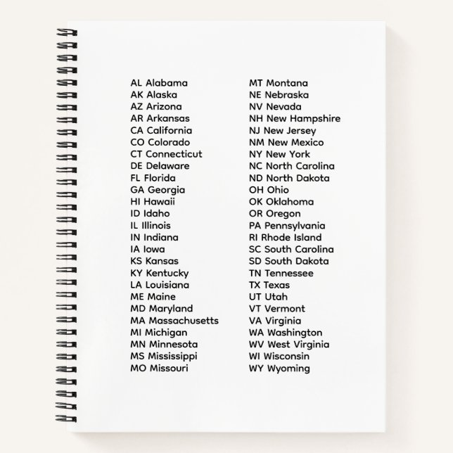 50 States Alphabetical Order White Sketch Notebook (Front)