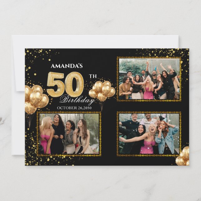 50 th Birthday Gold Silver Black Balloons Invitation (Front)