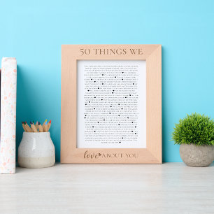 50 things we love about you birthday laser etched frames