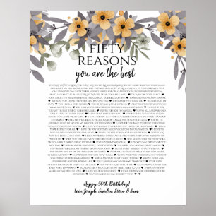 50 things we love about you silver yellow flowers poster