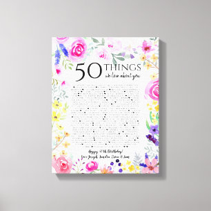 50 things we love about you watercolor flowers mom canvas print