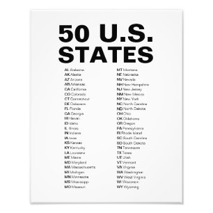 50 U.S. States Abbreviations Black & White Photo Print