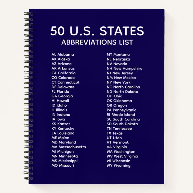 50 U.S. States Abbreviations List – Blue Notebook (Front)